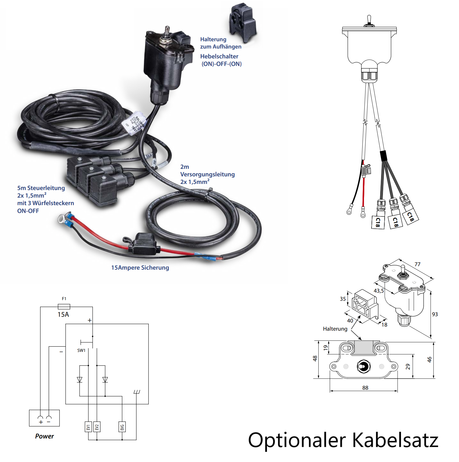 Optionaler Kabelsatz mit Kippschalter zur Ansteuerung