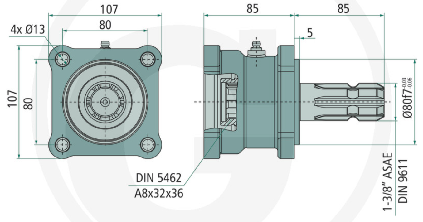 Voorzetlager voor axiale zuigerpomp Ø80mm ISO14 naar 1-3/8″ Z6