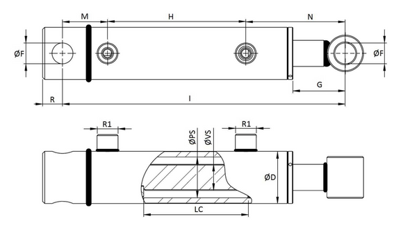 Hydraulic cylinders with cross bores of various sizes