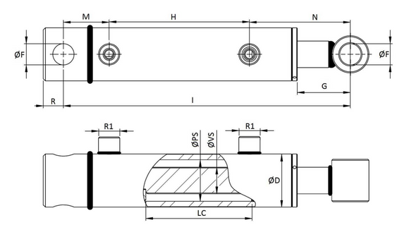 Vérins hydrauliques avec alésages transversaux de différentes tailles